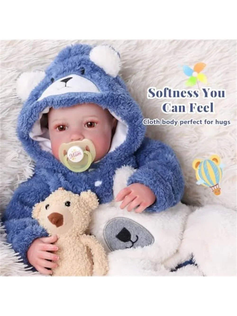 20 Inch Reborn Baby Doll Realistic Boy Blue Polar Bear Romper Vinyl Cloth Body